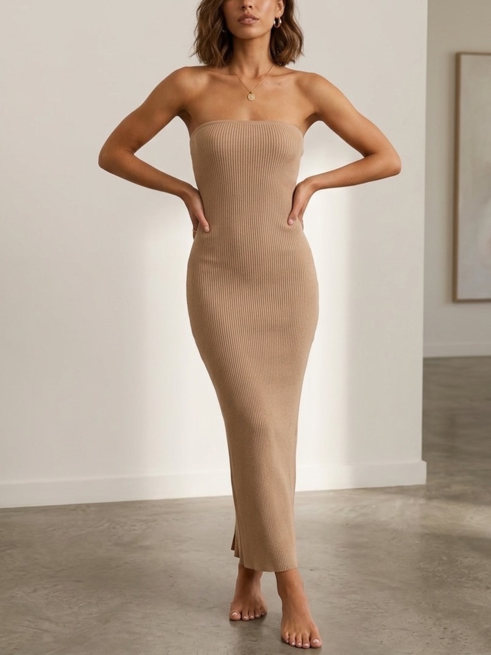 Princess Polly Sz S-M Tan Ribbed Knit Bodycon Strapless Midi Dress